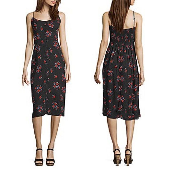 Arizona Slip Midi Dress Womens Size XL Sleeveless Button Down Floral Black Red - Picture 1 of 12